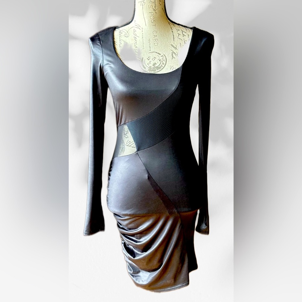 BeBe Sultry Leather-look & Mesh Cut-Out Dress, Scoop Neck Stretch Fabric (S) NWT